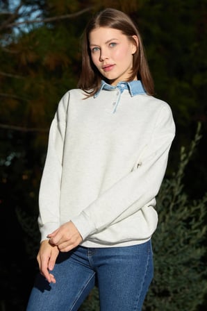 3 İplik Kot Garnili Gömlek Yaka Oversize Sweatshirt