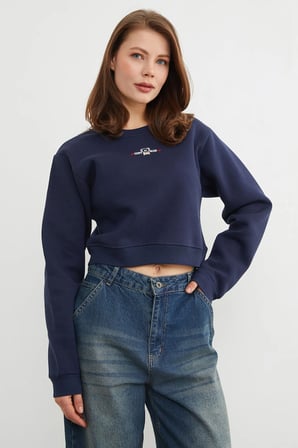 3 İplik Ayıcık Nakışlı Crop Sweatshirt