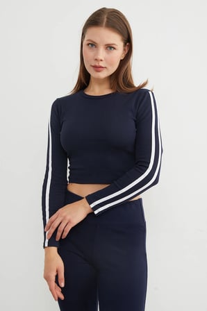 Bisiklet Yaka Kolları Biye Detaylı Crop Body