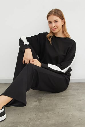 Kolu Şeritli Bisiklet Yaka Modal Sweatshirt