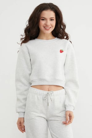 3 İplik Çilek Nakışlı Crop Sweatshirt