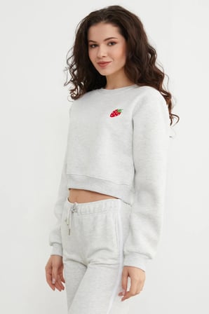 3 İplik Çilek Nakışlı Crop Sweatshirt