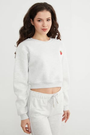 3 İplik Çilek Nakışlı Crop Sweatshirt