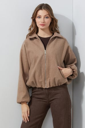 Fermuarlı Cepli Polo Yaka Kaşe Bomber Mont