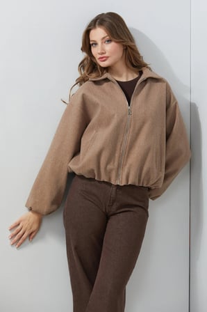 Fermuarlı Cepli Polo Yaka Kaşe Bomber Mont