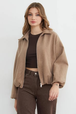 Fermuarlı Cepli Polo Yaka Kaşe Bomber Mont