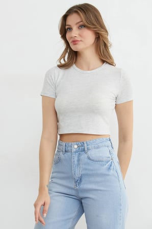 Basic Bisiklet Yaka Crop Tişört