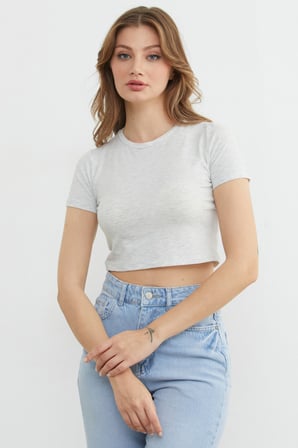 Basic Bisiklet Yaka Crop Tişört