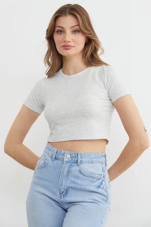 Basic Bisiklet Yaka Crop Tişört