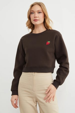 3 İplik Çilek Nakışlı Crop Sweatshirt