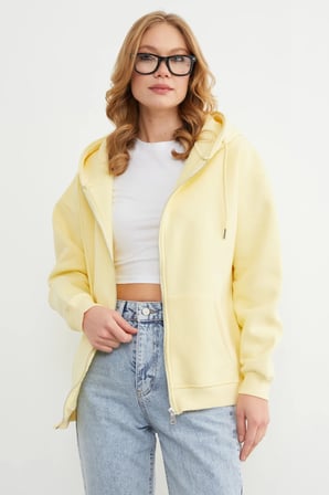 Basic Fermuarlı Kapüşonlu Oversize Sweatshirt