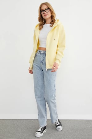 Basic Fermuarlı Kapüşonlu Oversize Sweatshirt
