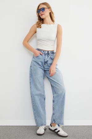 Beli Kemerli Fermuarlı Baggy Jean