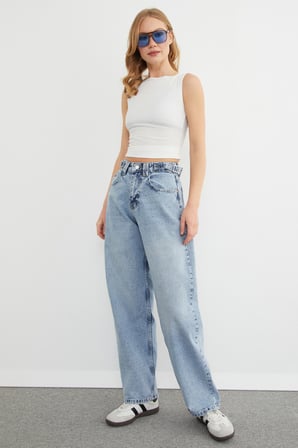 Beli Kemerli Fermuarlı Baggy Jean