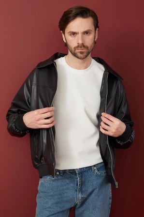 Polo Yaka Bomber Suni Deri Ceket