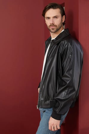 Polo Yaka Bomber Suni Deri Ceket