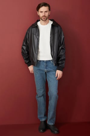 Polo Yaka Bomber Suni Deri Ceket