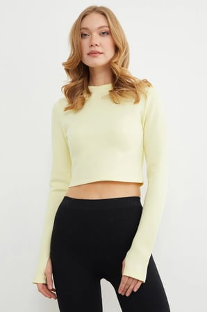 Basic Bisiklet Yaka Parmak Geçmeli Crop Bluz
