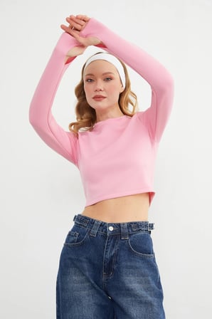 Basic Bisiklet Yaka Parmak Geçmeli Crop Bluz