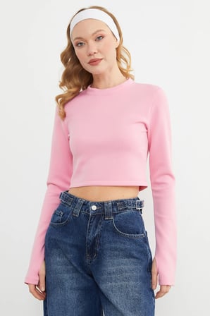Basic Bisiklet Yaka Parmak Geçmeli Crop Bluz