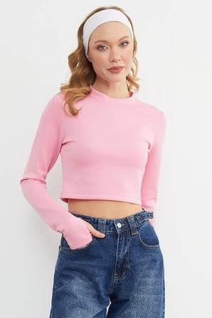 Basic Bisiklet Yaka Parmak Geçmeli Crop Bluz