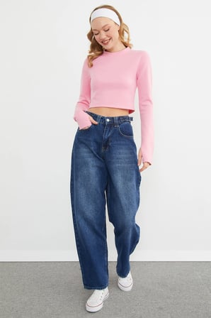 Basic Bisiklet Yaka Parmak Geçmeli Crop Bluz