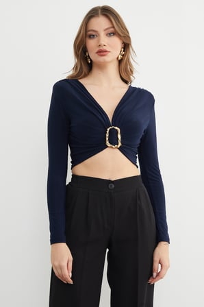 Drapeli Tokalı Omuz Vatkalı Crop Bluz