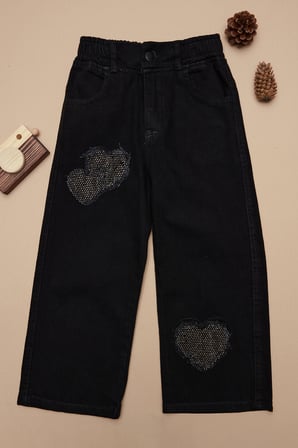 %100 Pamuk Beli Lastikli Taşlı Kalp Nakışlı Kız Çocuk Pantolon