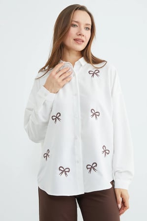 Fiyonk Nakışlı Oversize Gömlek