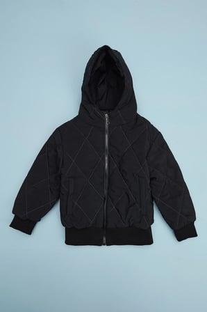 Baklava Desen Kapitone Kapüşonlu Unisex Çocuk Mont