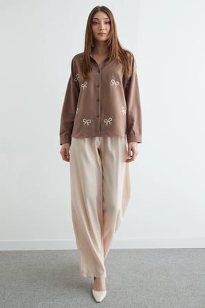 Fiyonk Nakışlı Oversize Gömlek