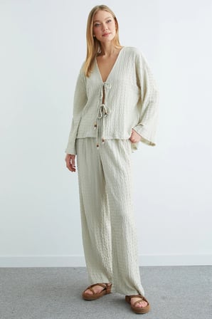 Önden Bağlamalı Dokulu Kimono 2 Li Takım