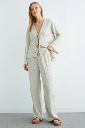 Önden Bağlamalı Dokulu Kimono 2 Li Takım