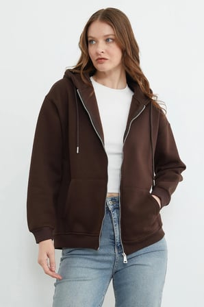 Basic Fermuarlı Kapüşonlu Oversize Sweatshirt