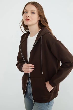 Basic Fermuarlı Kapüşonlu Oversize Sweatshirt
