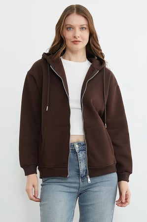 Basic Fermuarlı Kapüşonlu Oversize Sweatshirt