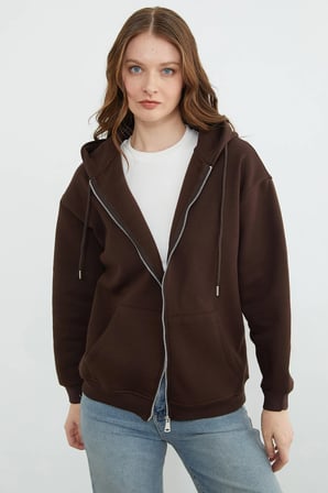Basic Fermuarlı Kapüşonlu Oversize Sweatshirt