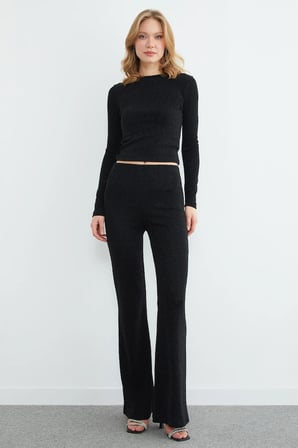 Beli Lastikli Taşlı Simli Flare Pantolon