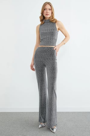 Beli Lastikli Taşlı Simli Flare Pantolon