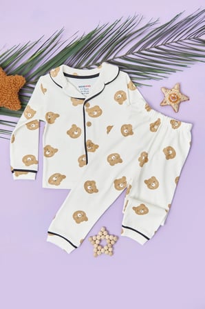 Ayıcık Baskılı Fitilli Unisex Çocuk Pijama Takımı