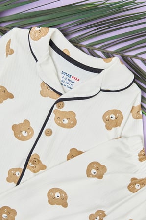 Ayıcık Baskılı Fitilli Unisex Çocuk Pijama Takımı