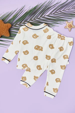 Ayıcık Baskılı Fitilli Unisex Çocuk Pijama Takımı