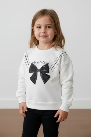 Fiyonklu Bisiklet Yaka Kız Çocuk Sweatshirt
