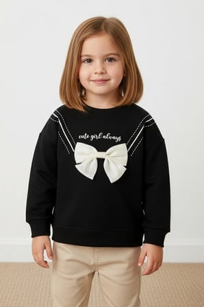 Fiyonklu Bisiklet Yaka Kız Çocuk Sweatshirt