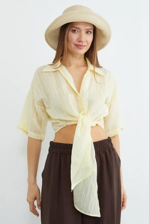 Çizgili Jakarlı Bağlamalı Crop Bluz