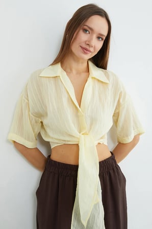 Çizgili Jakarlı Bağlamalı Crop Bluz