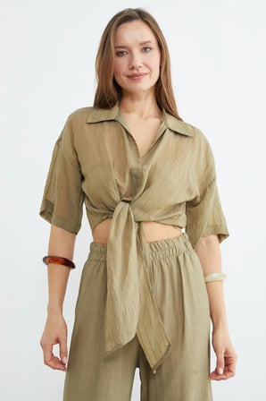 Çizgili Jakarlı Bağlamalı Crop Bluz
