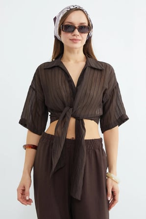 Çizgili Jakarlı Bağlamalı Crop Bluz
