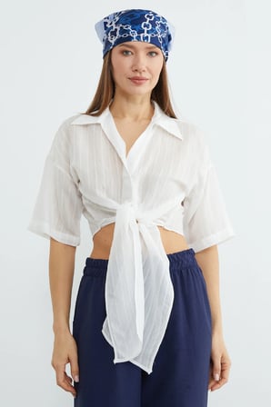 Çizgili Jakarlı Bağlamalı Crop Bluz