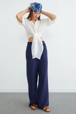 Çizgili Jakarlı Bağlamalı Crop Bluz